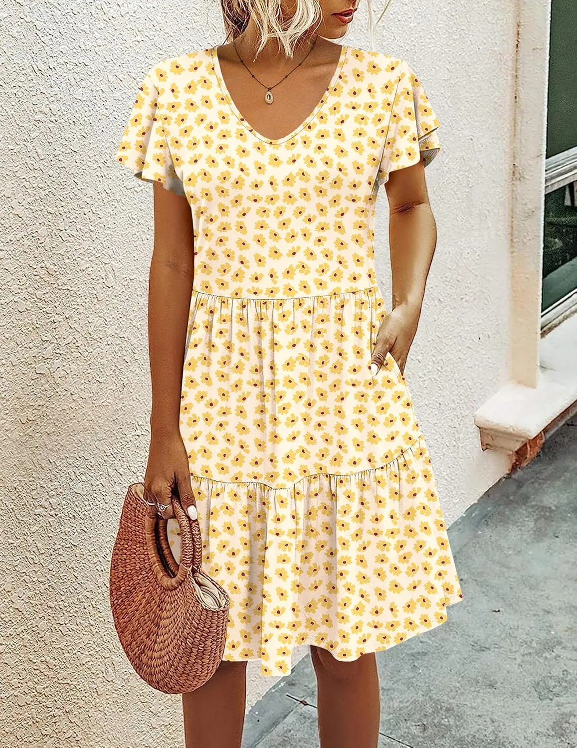 HOTOUCH Women's Casual Tiered Dress with Pockets V Neck Ruffle Dress Cap Sleeve Swing Mini Dress A-Line Dresses