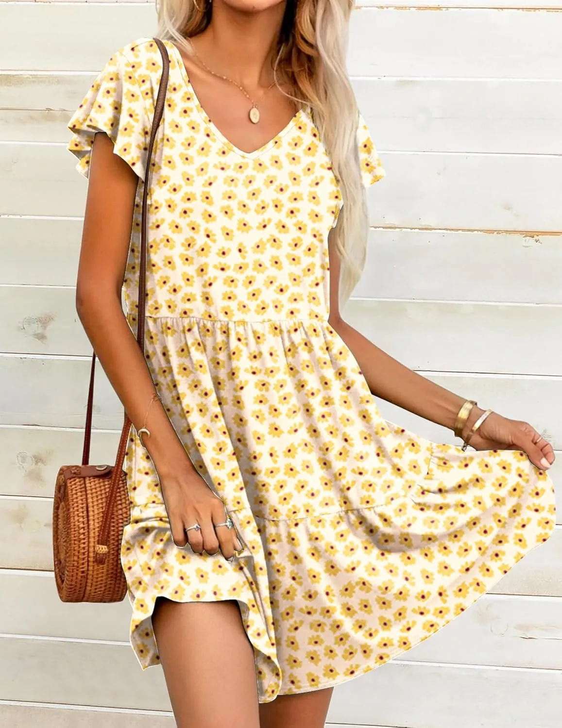 HOTOUCH Women's Casual Tiered Dress with Pockets V Neck Ruffle Dress Cap Sleeve Swing Mini Dress A-Line Dresses