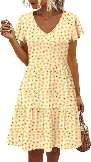 HOTOUCH Women's Casual Tiered Dress with Pockets V Neck Ruffle Dress Cap Sleeve Swing Mini Dress A-Line Dresses