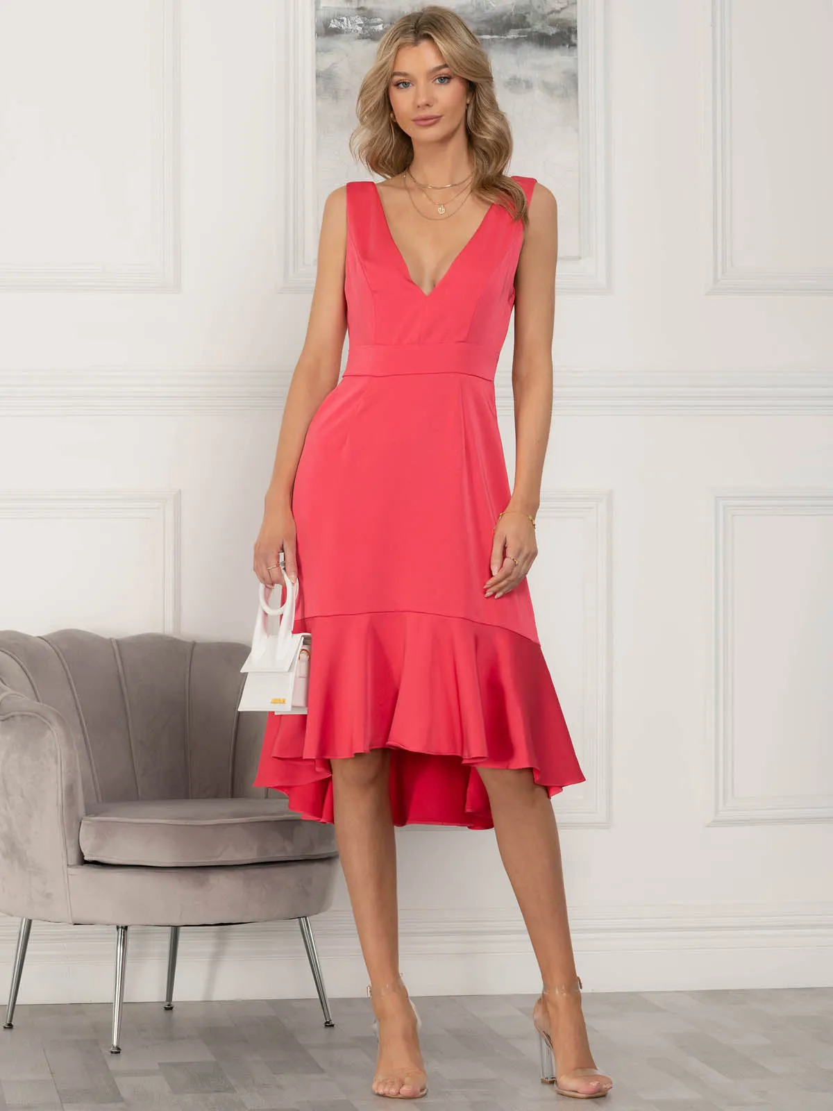 Jolie Moi Annabeth V Neck Flare Dress, Pink