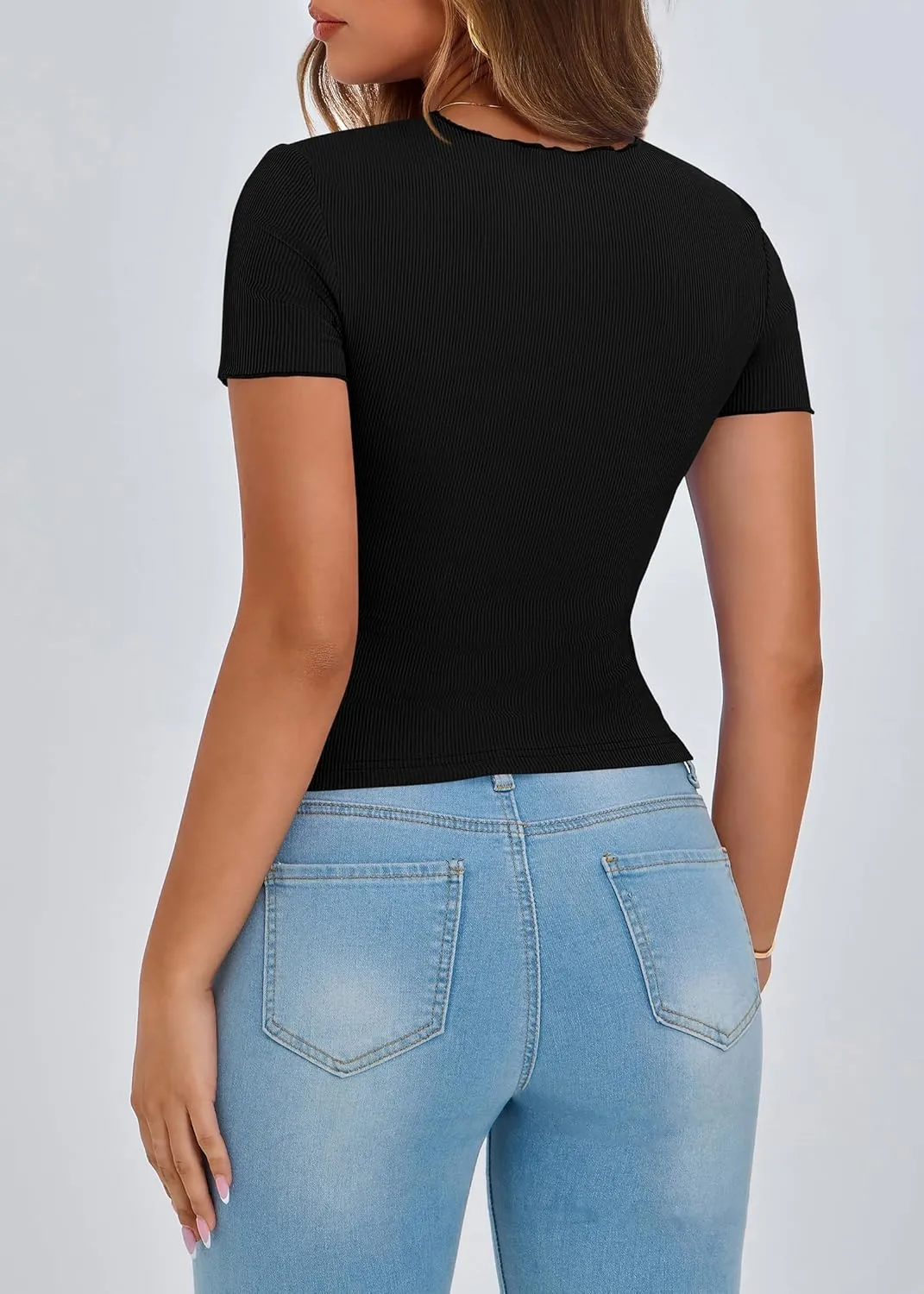 KIRUNDO Ribbed Short Sleeve Tops for Women Summer Casual Crew Neck Cute Crop Basic Tees Slim Fit Exposed Seams T Shirts