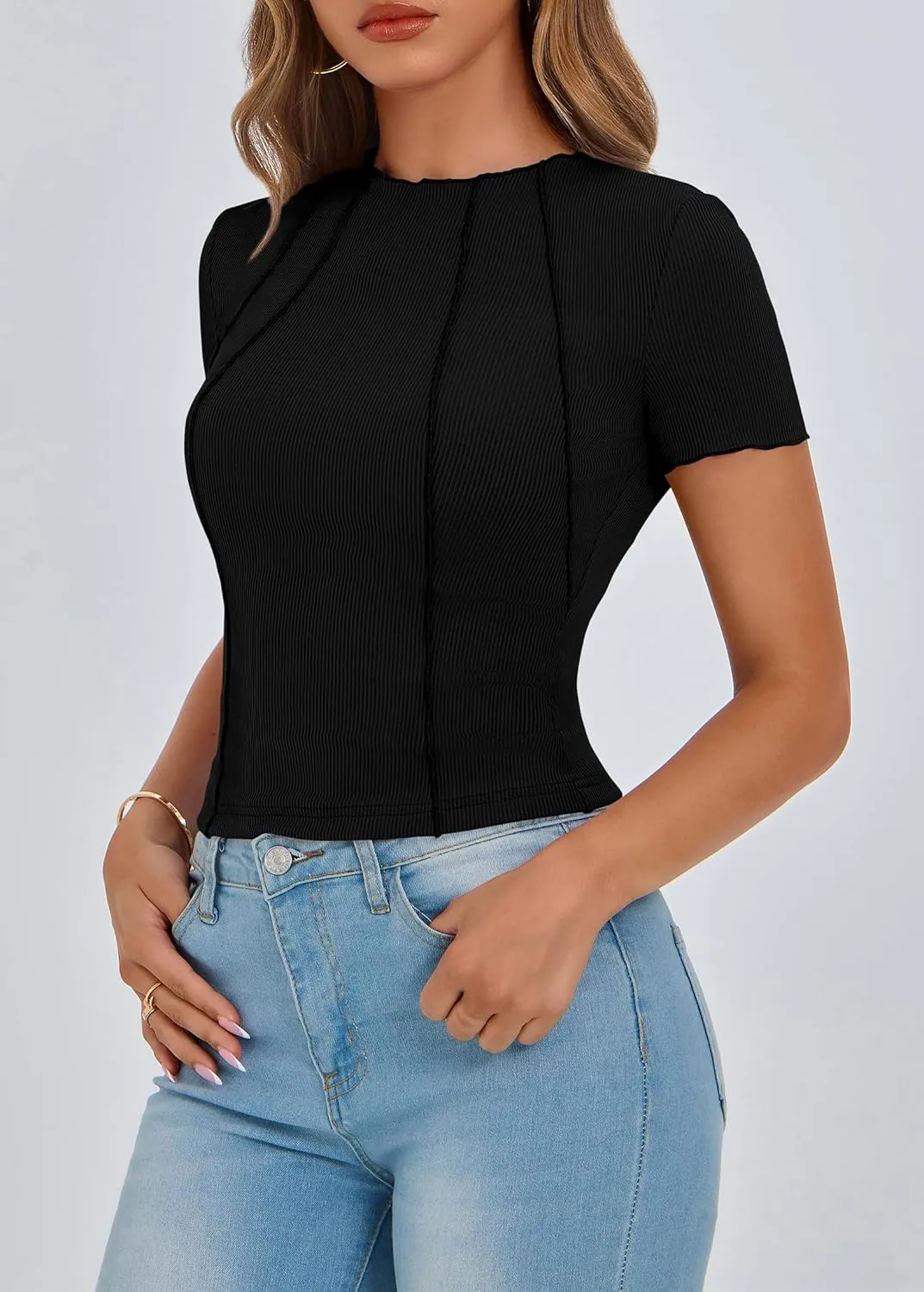 KIRUNDO Ribbed Short Sleeve Tops for Women Summer Casual Crew Neck Cute Crop Basic Tees Slim Fit Exposed Seams T Shirts