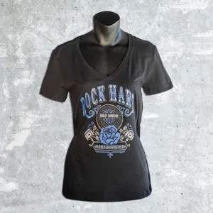 Lakeshore Harley Davidson- Black Women's V-Neck T-Shirt with Blue Rose