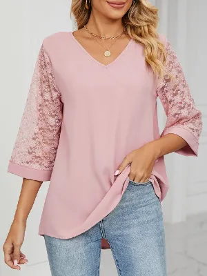 Loose Three-Quarter Sleeves Mesh Solid Color Split-Joint Round-Neck T-Shirts Tops