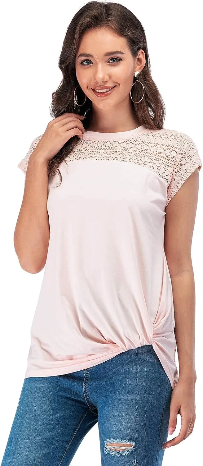 LUSMAY Womens Casual Short Sleeve Lace T Shirts Loose Twist Knot Front Blouse Tops