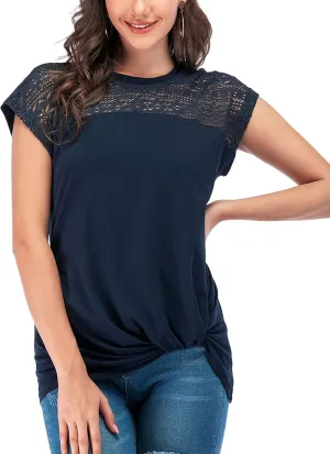 LUSMAY Womens Casual Short Sleeve Lace T Shirts Loose Twist Knot Front Blouse Tops