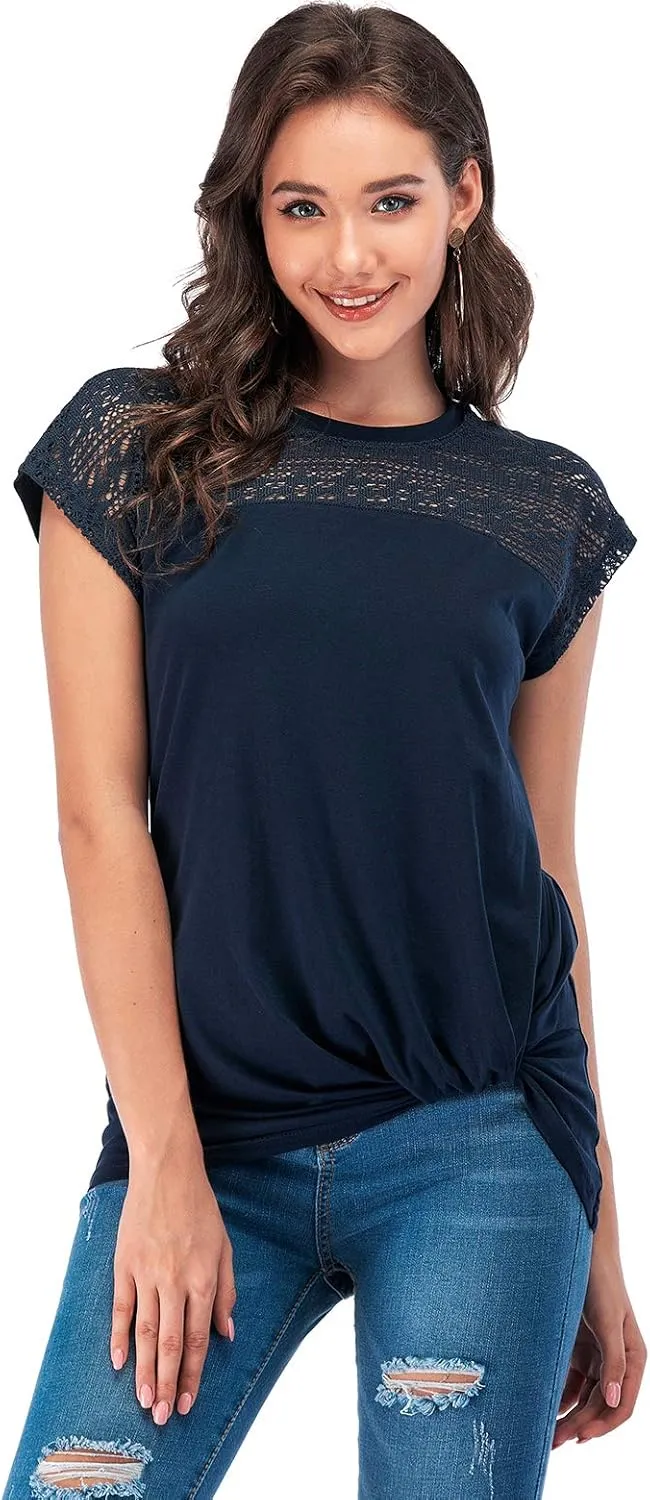 LUSMAY Womens Casual Short Sleeve Lace T Shirts Loose Twist Knot Front Blouse Tops