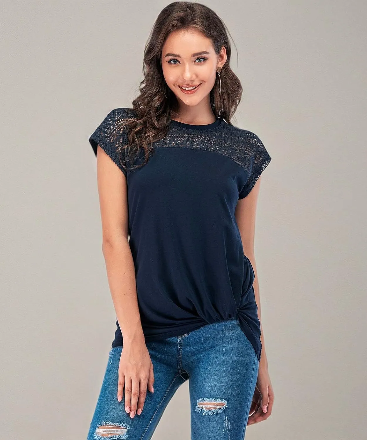 LUSMAY Womens Casual Short Sleeve Lace T Shirts Loose Twist Knot Front Blouse Tops