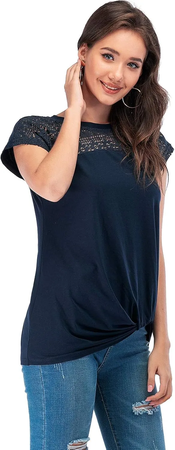 LUSMAY Womens Casual Short Sleeve Lace T Shirts Loose Twist Knot Front Blouse Tops