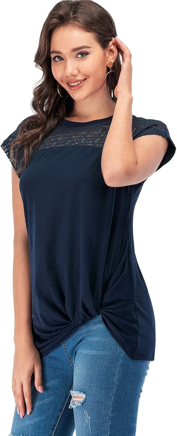 LUSMAY Womens Casual Short Sleeve Lace T Shirts Loose Twist Knot Front Blouse Tops