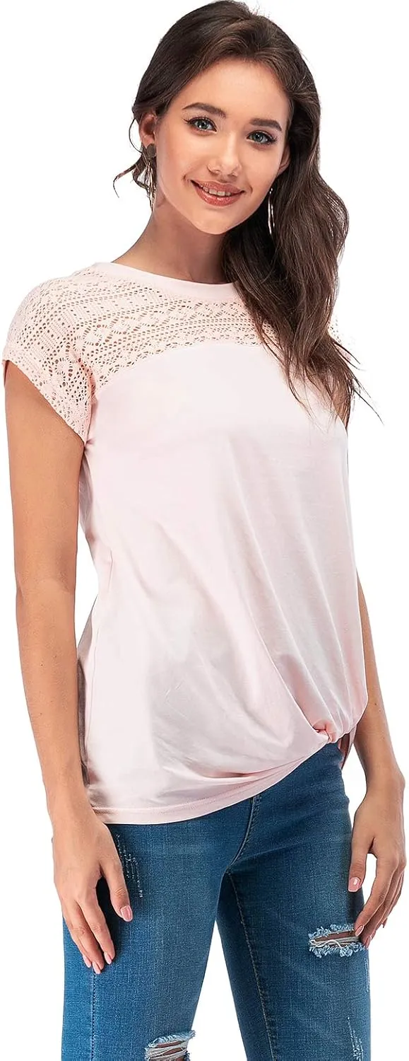 LUSMAY Womens Casual Short Sleeve Lace T Shirts Loose Twist Knot Front Blouse Tops