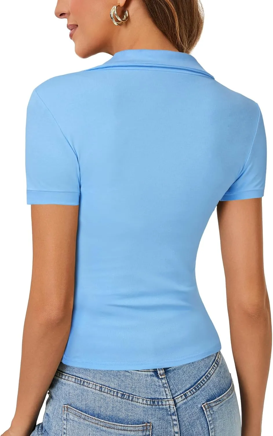 LYANER Women's Short Sleeve V Neck T Shirts Ribbed Knit Slim Fit Tee Top Stripes Collar Polo Shirt