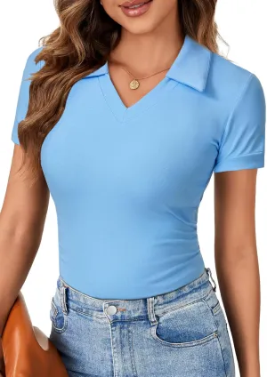 LYANER Women's Short Sleeve V Neck T Shirts Ribbed Knit Slim Fit Tee Top Stripes Collar Polo Shirt