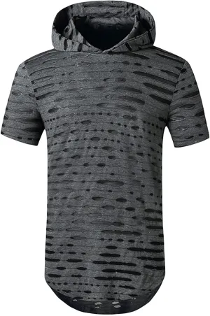 Maiyifu-GJ Mens Athletic Casual Longline Hipster T Shirt Hipster Hip Hop Hoodie Tee Solid Color Ripped Pullover Short Sleeve
