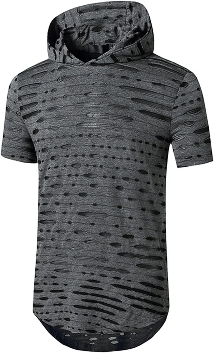 Maiyifu-GJ Mens Athletic Casual Longline Hipster T Shirt Hipster Hip Hop Hoodie Tee Solid Color Ripped Pullover Short Sleeve