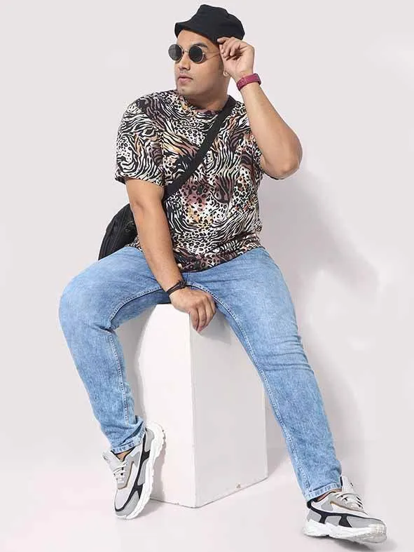 Men Plus Size Cheetah Pattern Digital Printed Round Neck T-Shirt