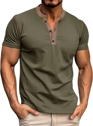 Mens Fashion Henley Shirt Short Sleeve Lightweight Cotton Gym Workout Fitness T-Shirts Button Pullover Summer Tees