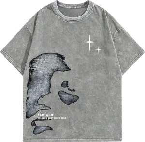 Men's Letter Graphic T Shirts Oversized Drop Shoulder Short Sleeve Vintage Streetwear Crew Neck Casual Tee Top