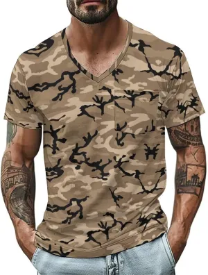 Mens Outdoor Fishing Tshirts V Neck Camouflage Hiking Army Training T-Shirts Short Sleeve Camping Hunting Active Tops