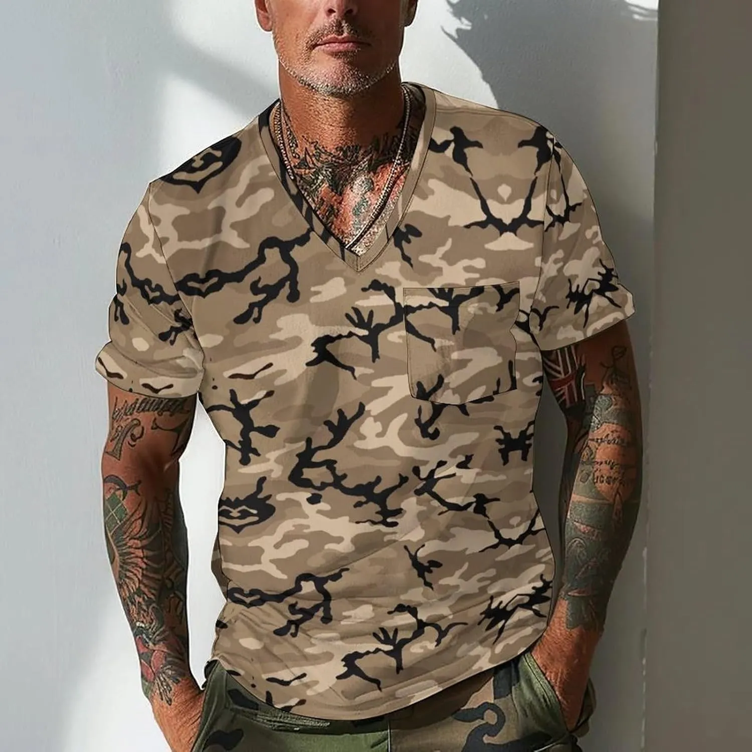 Mens Outdoor Fishing Tshirts V Neck Camouflage Hiking Army Training T-Shirts Short Sleeve Camping Hunting Active Tops