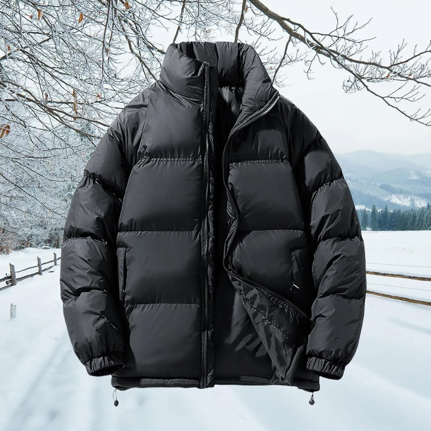 Men's Puffer Jacket Thickened Winter Warm Coat Stand Collar Color Block Zip Up Jacket Ski Bubble Coat Pockets
