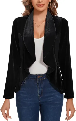 MINTLIMIT Velvet Coat for Women Casual Formal Draped Lapel Open Front Jacket Suits Long Sleeve Blazer with Ruffle Hem Outerwear,Black,L