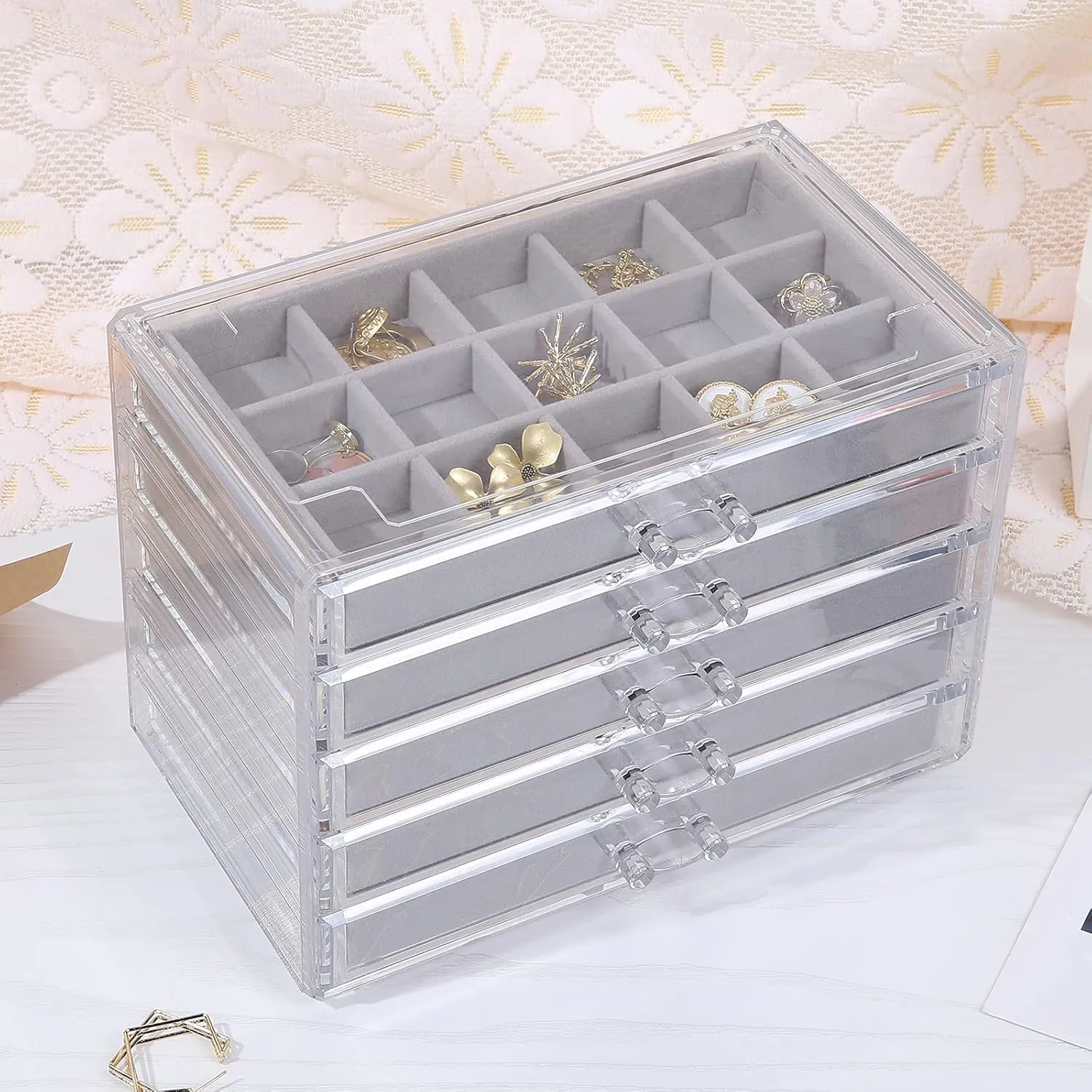 misaya Earring Jewelry Organizer with 5 Drawers, Birthday Present, Clear Acrylic Jewelry Box for Women, Velvet Earring Display Holder for Earrings Ring Bracelet Necklace, Gray