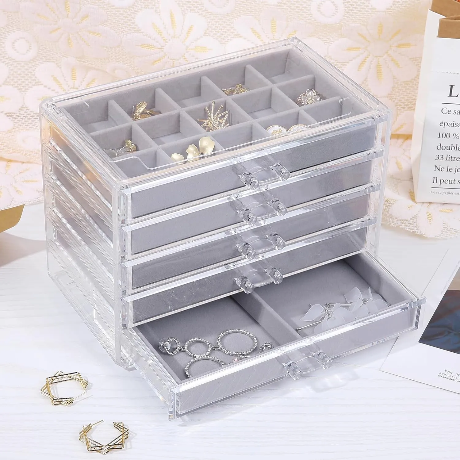 misaya Earring Jewelry Organizer with 5 Drawers, Birthday Present, Clear Acrylic Jewelry Box for Women, Velvet Earring Display Holder for Earrings Ring Bracelet Necklace, Gray