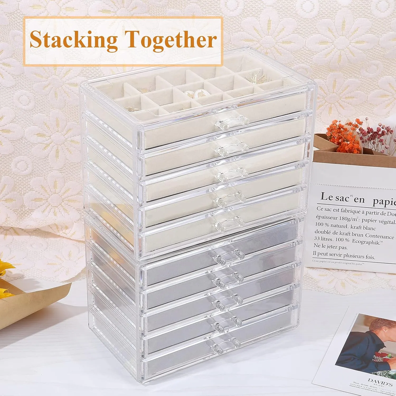 misaya Earring Jewelry Organizer with 5 Drawers, Birthday Present, Clear Acrylic Jewelry Box for Women, Velvet Earring Display Holder for Earrings Ring Bracelet Necklace, Gray