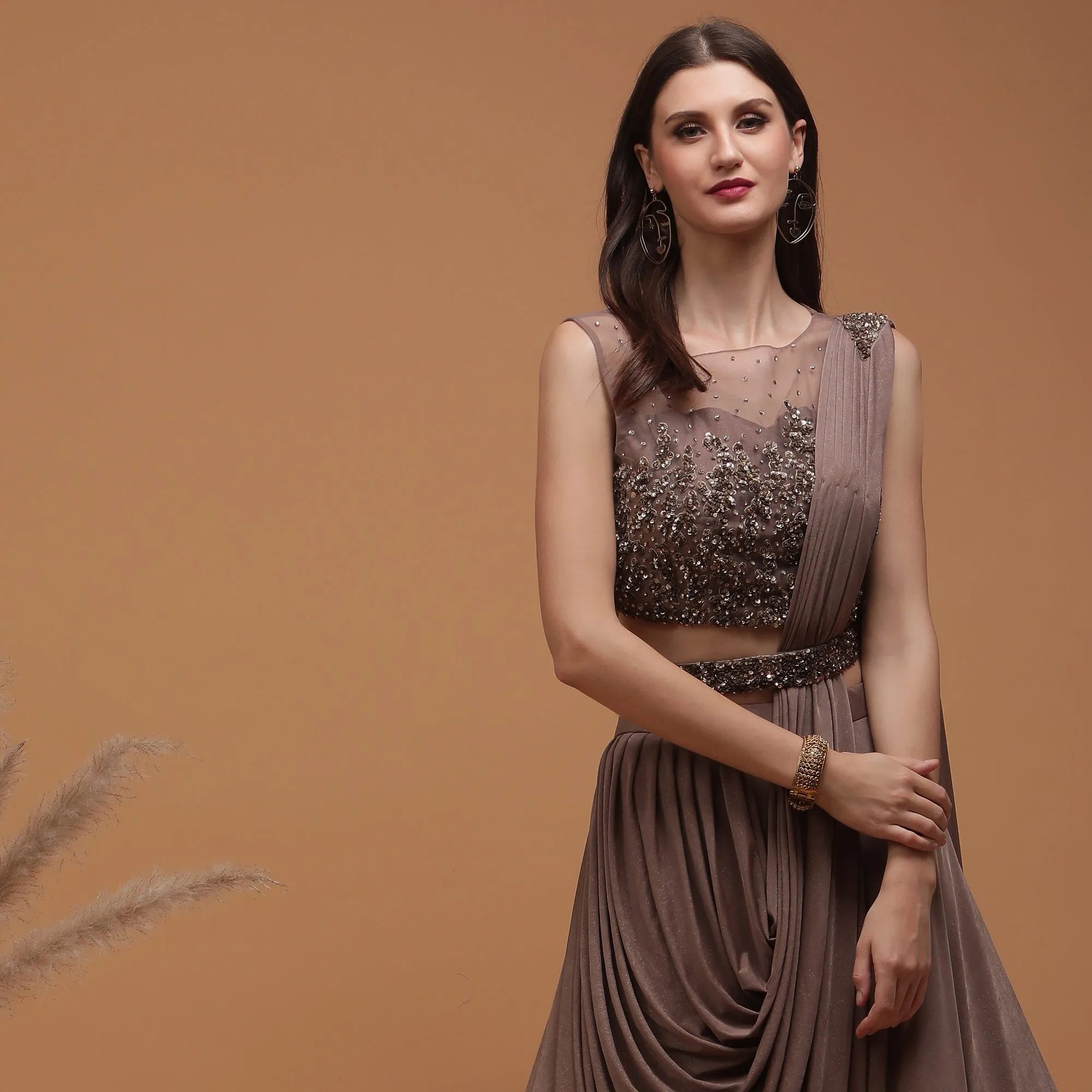 Pannkh Luxe Lavender Embroidered Blouse with Drape Lehenga  Set