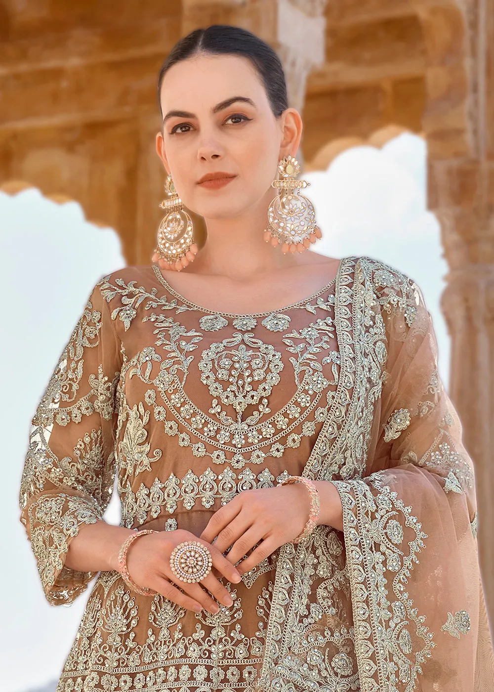 Peach Front & Back Stone Embroidered Wedding Anarkali Suit