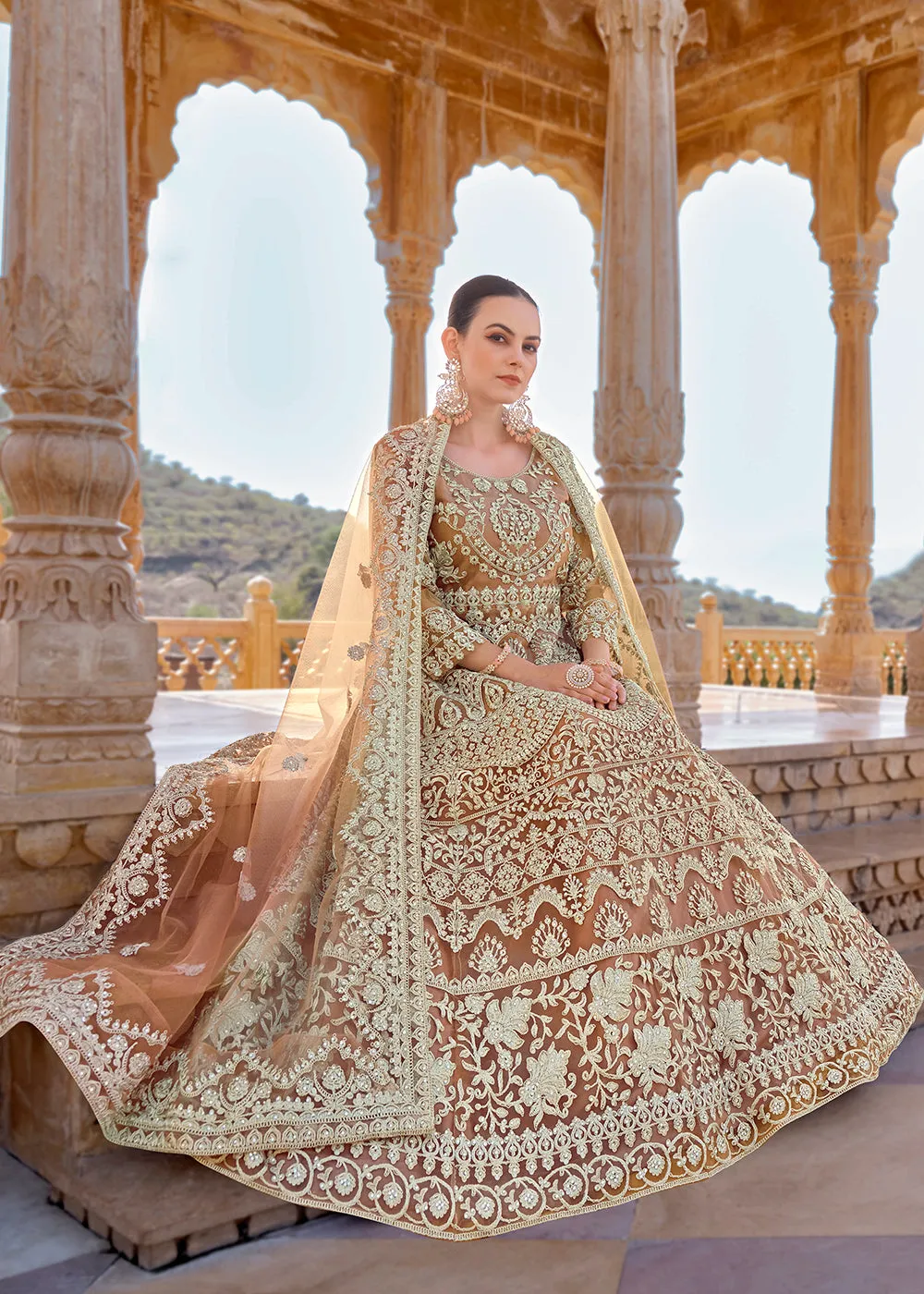 Peach Front & Back Stone Embroidered Wedding Anarkali Suit