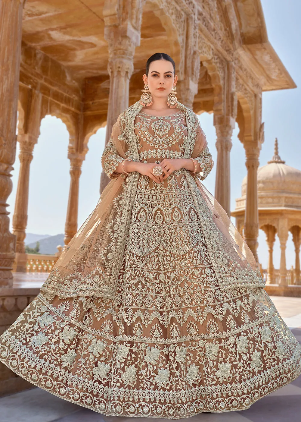 Peach Front & Back Stone Embroidered Wedding Anarkali Suit