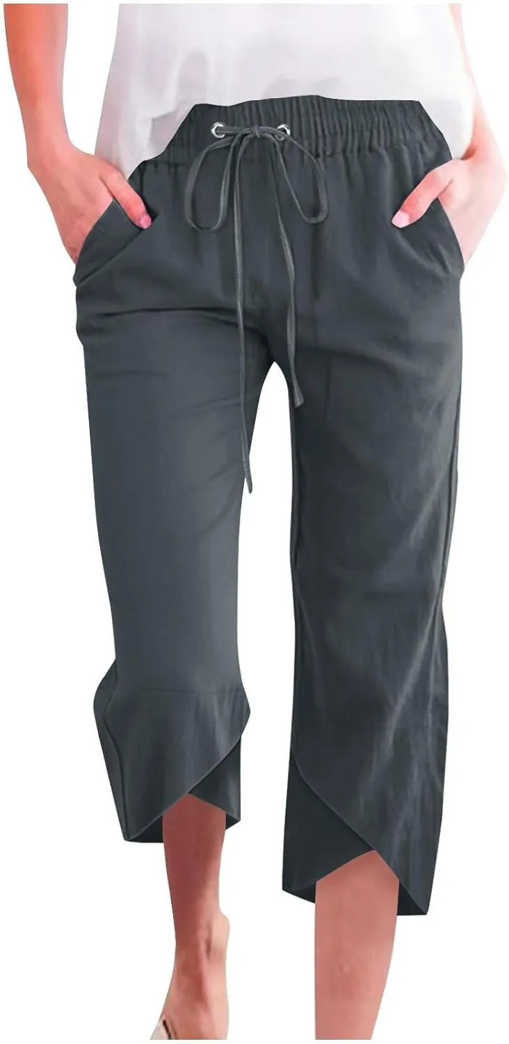 Petite Linen Pants for Women Lightweight Cropped Wide Leg Pants Elastic Waist Casual Palazzo Trousers with Pockets