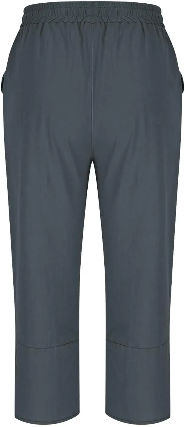 Petite Linen Pants for Women Lightweight Cropped Wide Leg Pants Elastic Waist Casual Palazzo Trousers with Pockets