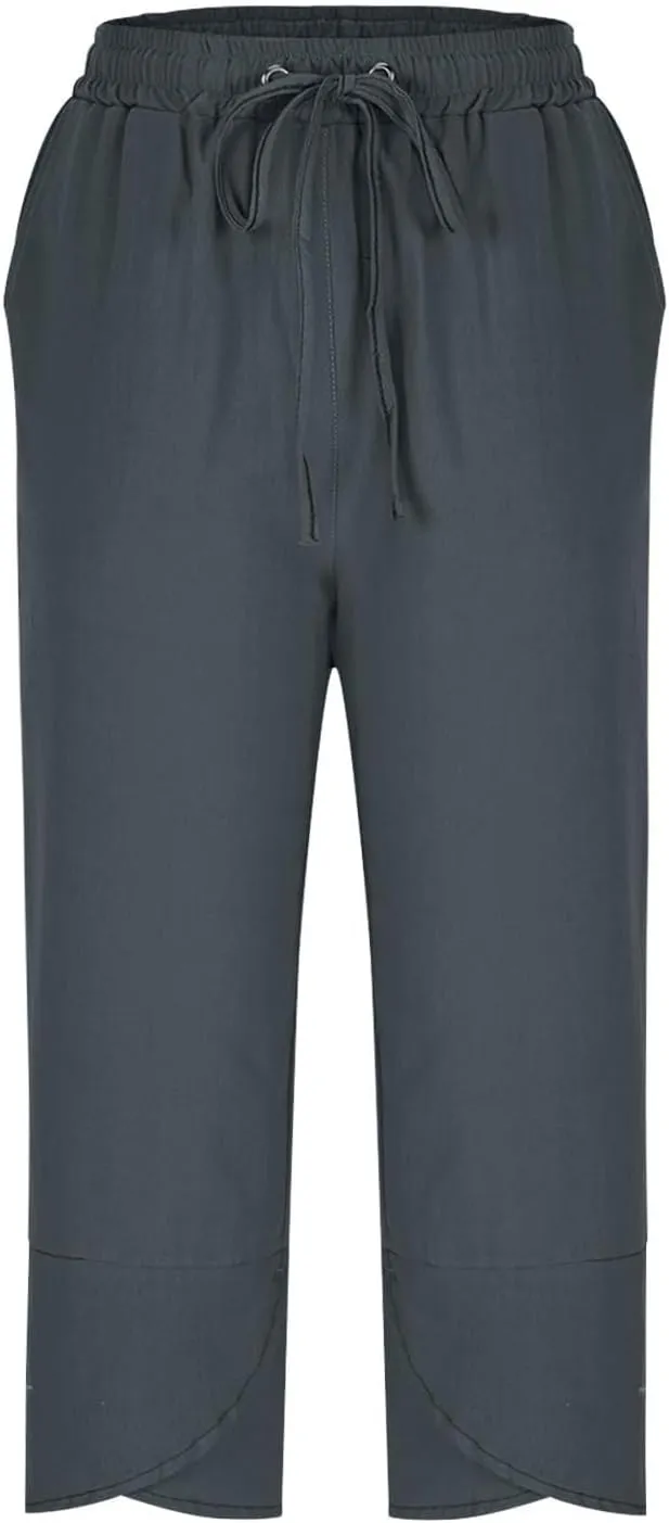 Petite Linen Pants for Women Lightweight Cropped Wide Leg Pants Elastic Waist Casual Palazzo Trousers with Pockets