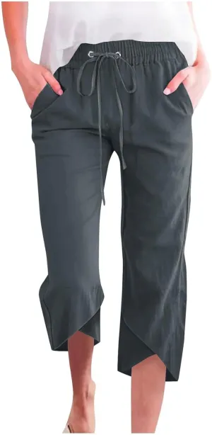 Petite Linen Pants for Women Lightweight Cropped Wide Leg Pants Elastic Waist Casual Palazzo Trousers with Pockets