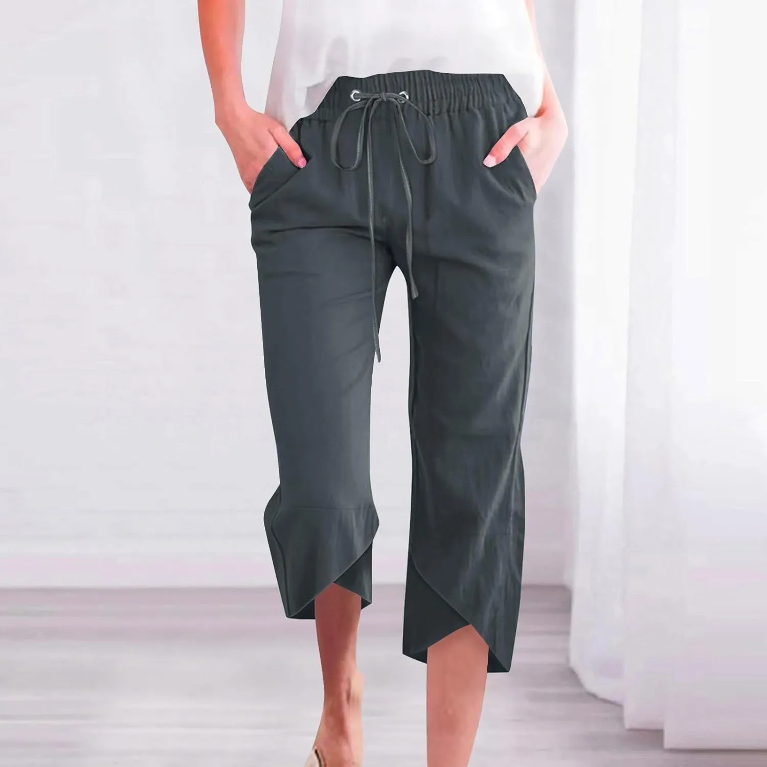 Petite Linen Pants for Women Lightweight Cropped Wide Leg Pants Elastic Waist Casual Palazzo Trousers with Pockets