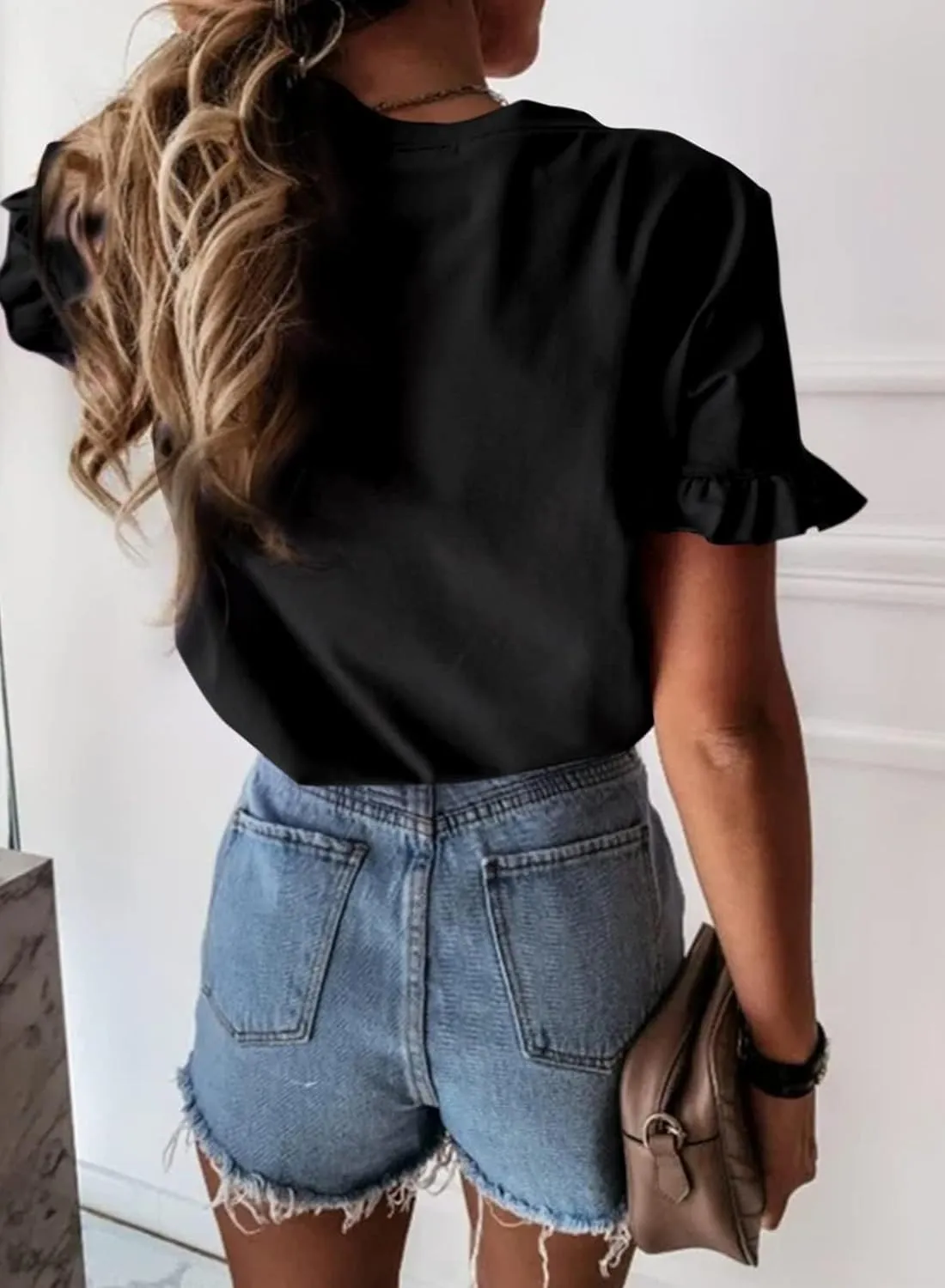 PRETTYGARDEN Women's Short Sleeve Casual T Shirts Summer Ruffle Plain Round Neck Loose Fit Tee Blouse Tops
