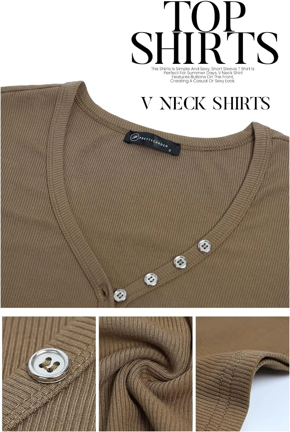 PRETTYGARDEN Women's Summer Casual Henley T-Shirts Short Sleeve V Neck Button Up Ribbed Knit Slim Fit Basic Tops