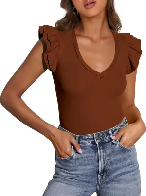 PRETTYGARDEN Womens V Neck Summer Tops Ruffle Sleeveless Slim Fit T Shirts Going Out Casual Blouses 2025