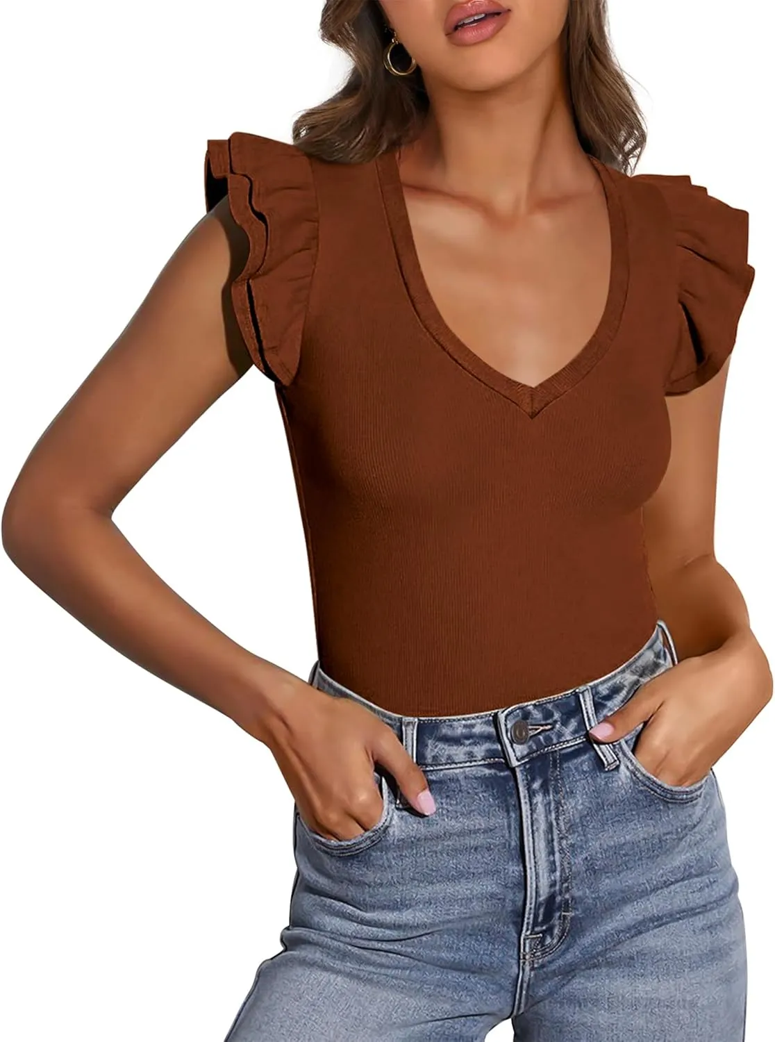 PRETTYGARDEN Womens V Neck Summer Tops Ruffle Sleeveless Slim Fit T Shirts Going Out Casual Blouses 2025