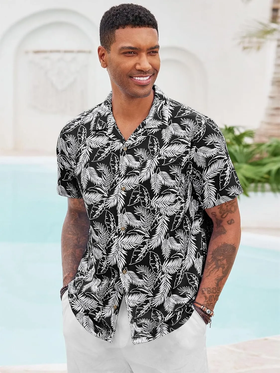 Runcati Men's Hawaiian Shirts Button Down Short Sleeve Cuban Collar Shirt Floral Tropical Summer Beach Tops