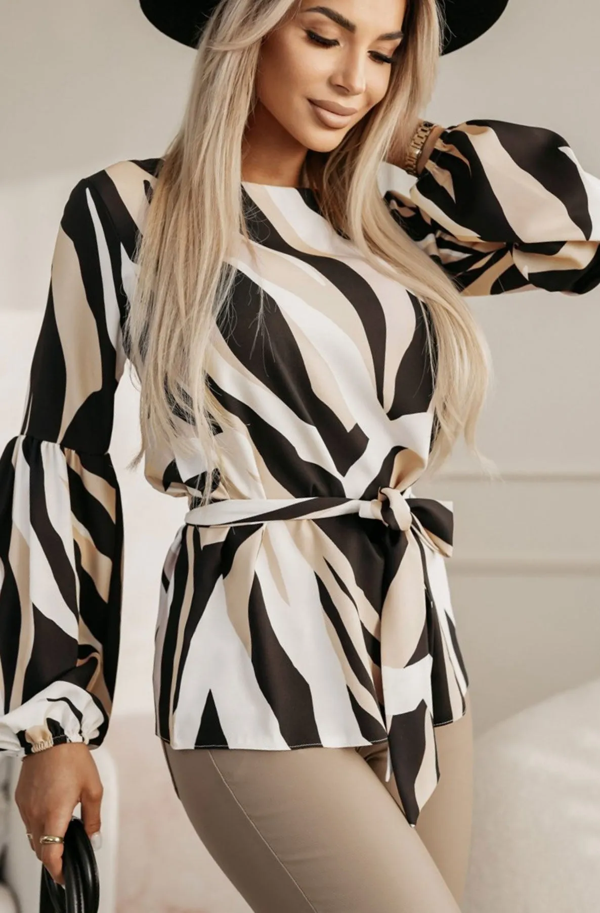 Sana Abstract Belted Printed Shirt Blouse