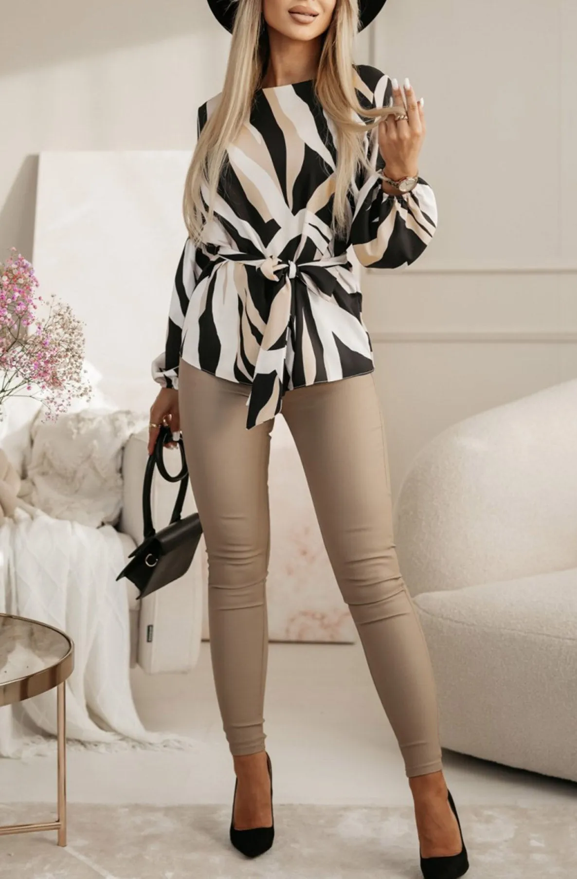 Sana Abstract Belted Printed Shirt Blouse