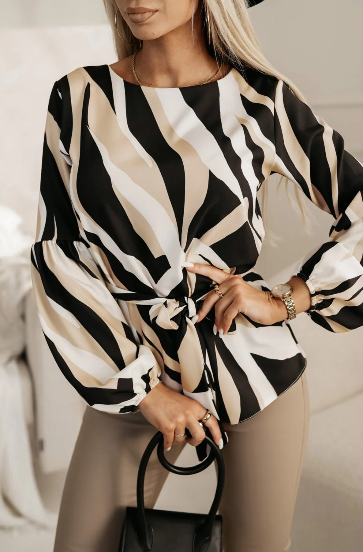 Sana Abstract Belted Printed Shirt Blouse