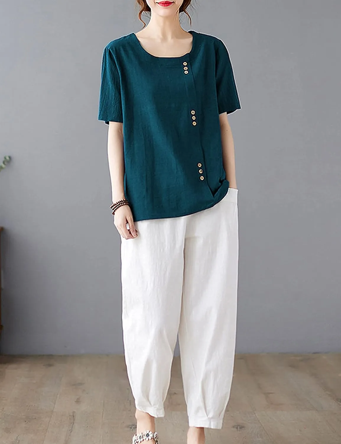 SCUSTY Oversized Crew Neck Linen Tops for Women Short Sleeve Cotton Blend Tee Shirts