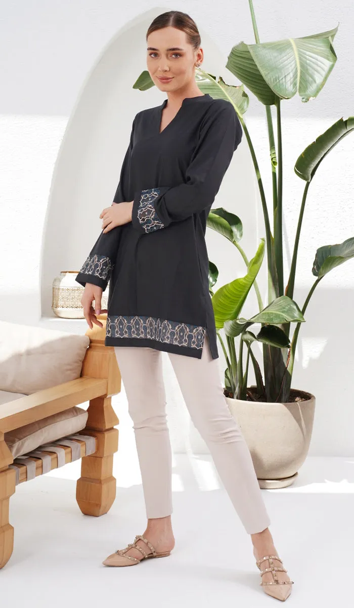 Selma Embroidered Mostly Cotton Modest Tunic - Black