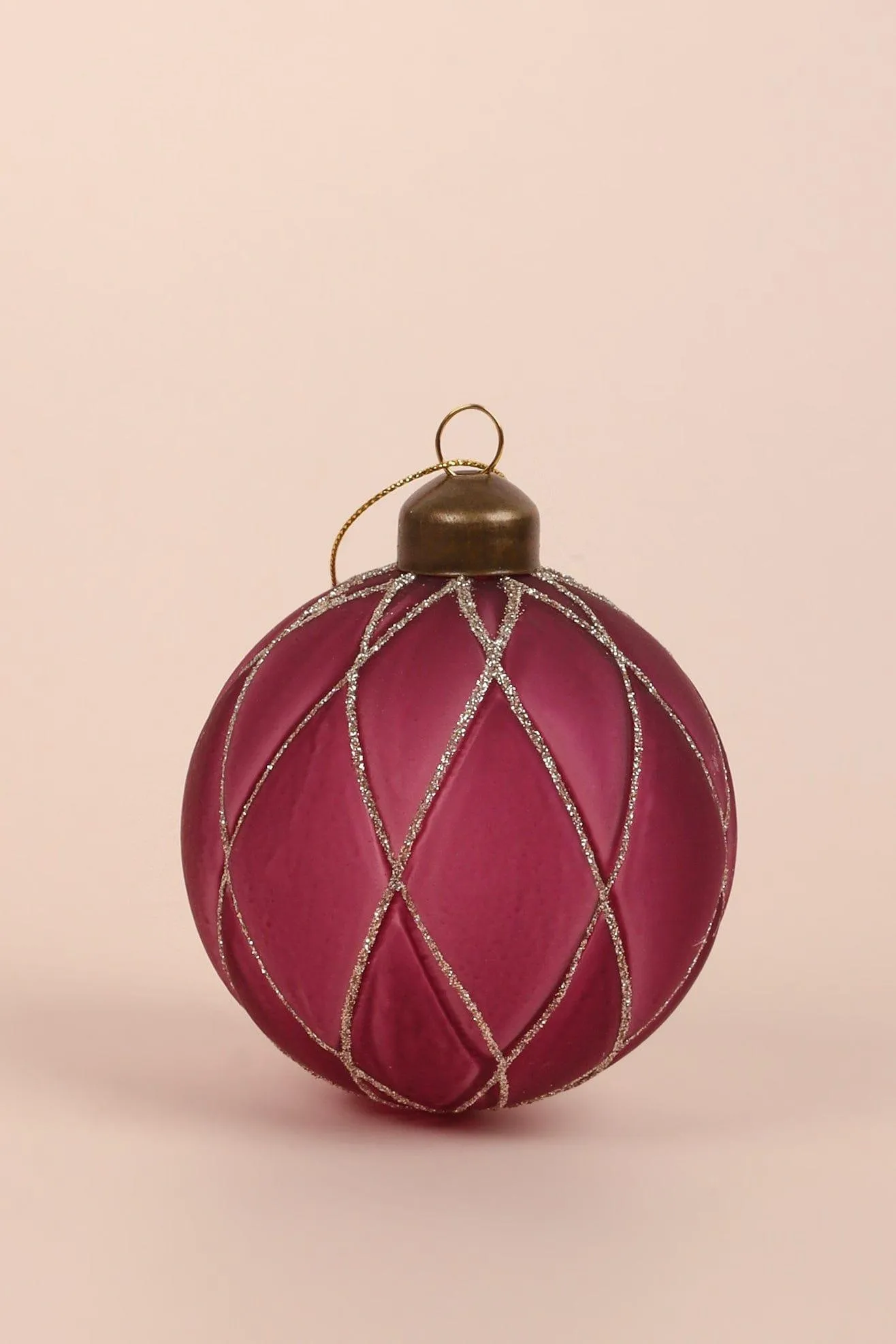 Set of 4 Glass Elegant Pink Christmas Tree Baubles with Gold Glitter Patterns