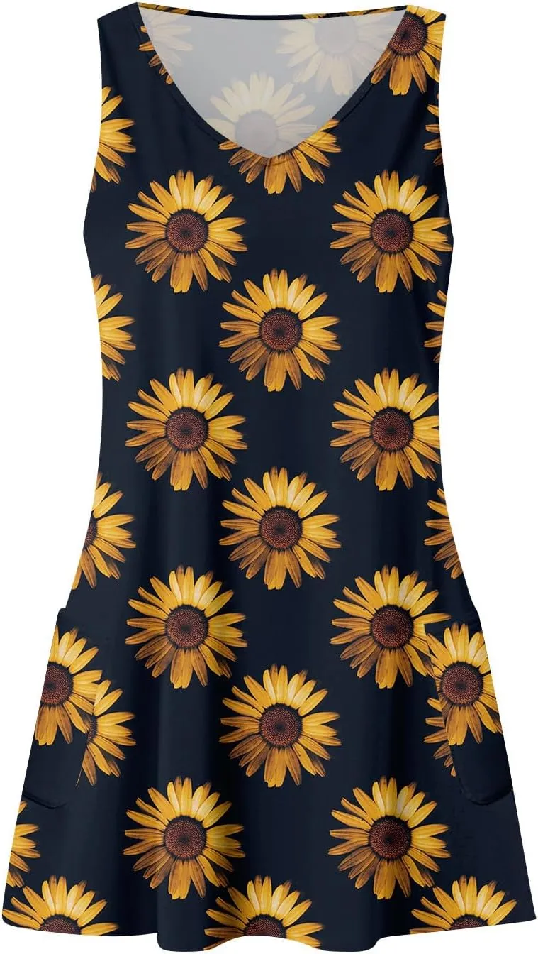 Sun Dresses for Women 2024 Sundress with Pockets Boho Beach Dress Floral T-Shirts Dress V Neck Loose Tank Dresses